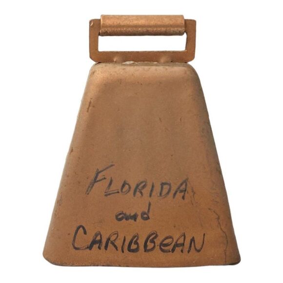 Metal Steel Cow Bell Florida & Caribbean Kandu Hand Written 3” Tall 3” Wide - Picture 1 of 5